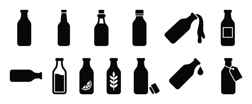 Collection of black silhouette bottle icons displaying various shapes, closures, and contents in a clean, modern vector style