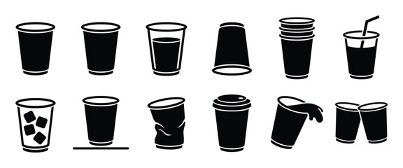 Obraz na płótnie Canvas Collection of black silhouette disposable cups icons, including empty, filled, stacked, and crumpled designs, on a white surface