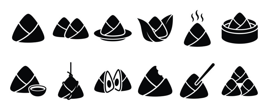 Collection of black silhouette zongzi icons, including steamed, bitten, and unwrapped variations, presented in a clean, graphic style