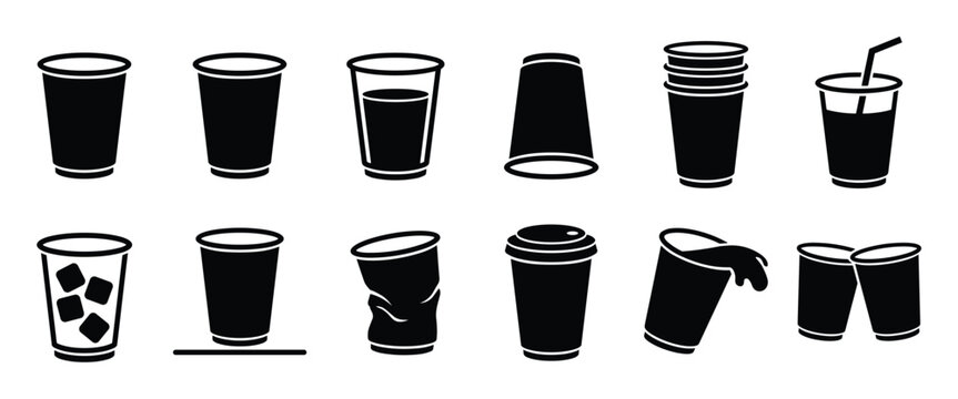 Collection of black silhouette disposable cups icons, including empty, filled, stacked, and crumpled designs, on a white surface