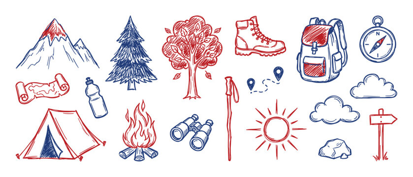 Collection of hand-drawn red and blue outdoor adventure and camping elements, including mountains, trees, and equipment