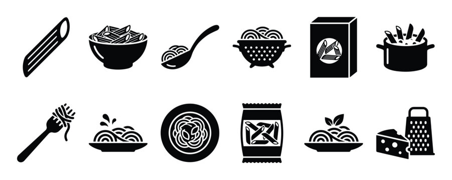 Various black silhouette pasta and noodle icons are arranged in two rows, showcasing different forms and preparations