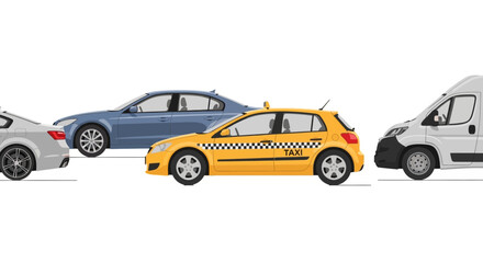 Naklejka premium Variety of vehicles cars taxi and van arrayed on white background