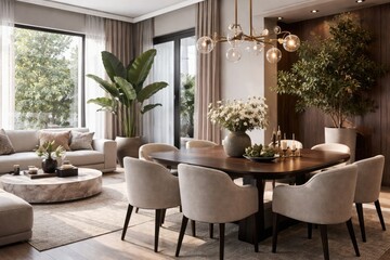 Fototapeta premium Sophisticated living room featuring a stylish dining table and lush decorative plant