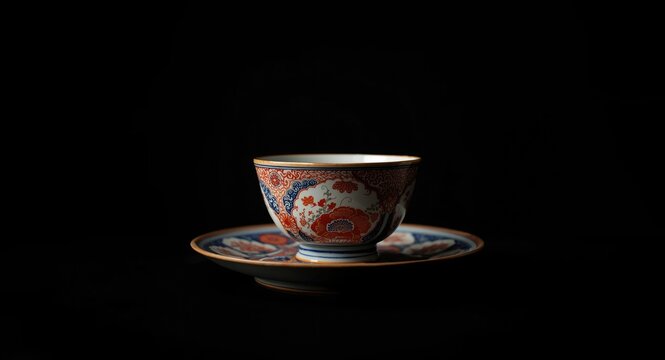 Softly focused image highlighting traditional Japanese antique imari ware on a ceramic plate with a black backdrop