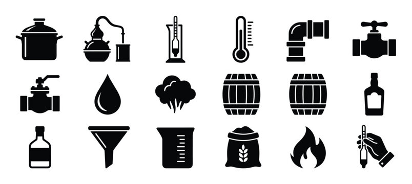 Collection of black silhouette icons representing various distillation and brewing equipment and elements, presented in a clean, graphic style