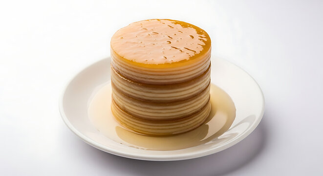 Authentic Goan Bebinca Traditional Multi Layered Dessert Stack with Seven Layers Served on a Plate with Syrup Sweet Portuguese Influence Indian Pudding Side View Isolated on White Background