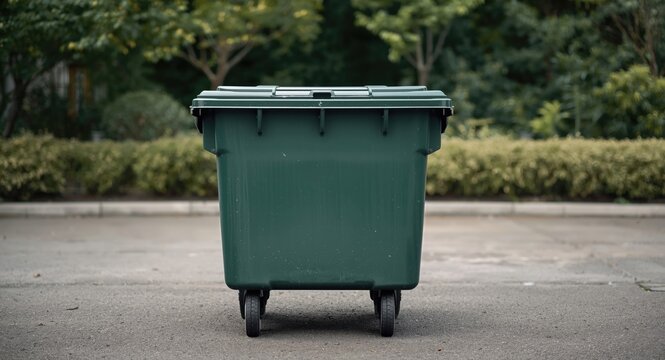 Front view of a rubbish skip set against a soft focus backdrop of driveway and green plants