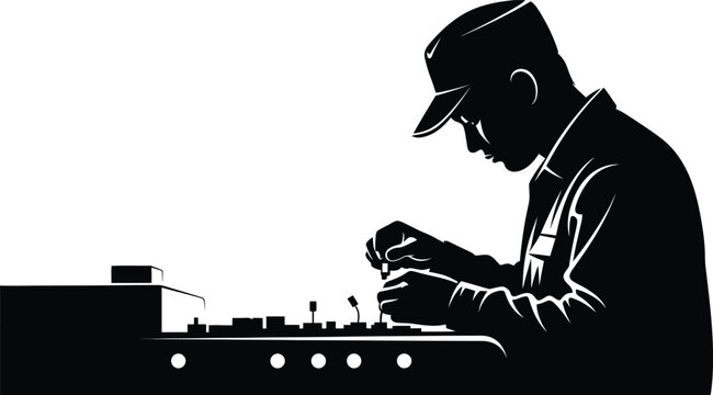 Silhouette of a dj mixing music on turntables in a nightclub setting