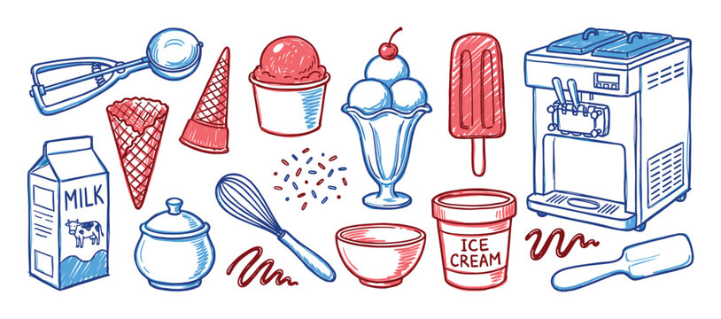 Collection of hand-drawn ice cream and dessert making elements, including scoops, cones, sundaes, and a soft-serve machine, in a vibrant red and blue sketch style