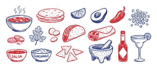 Vibrant collection of hand-drawn Mexican food and drink illustrations, featuring tacos, burritos, salsa, guacamole, and a margarita