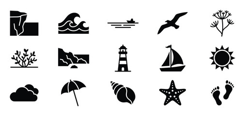 Obraz premium Collection of fifteen black silhouette icons representing various beach and ocean-related elements, presented in a clean, graphic style