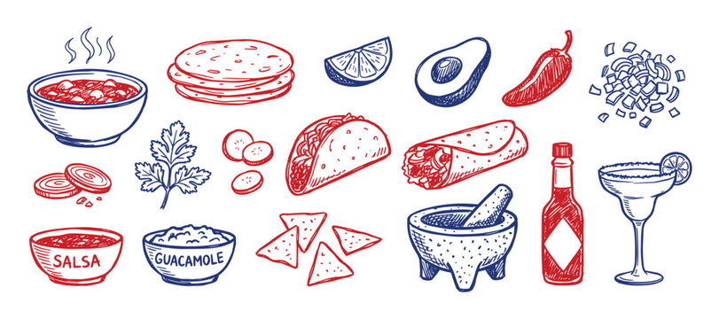 Vibrant collection of hand-drawn Mexican food and drink illustrations, featuring tacos, burritos, salsa, guacamole, and a margarita
