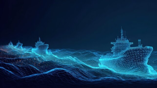 Abstract representation of naval vessels navigating a digital ocean. ..Created with Generative AI, not depicting real subjects.