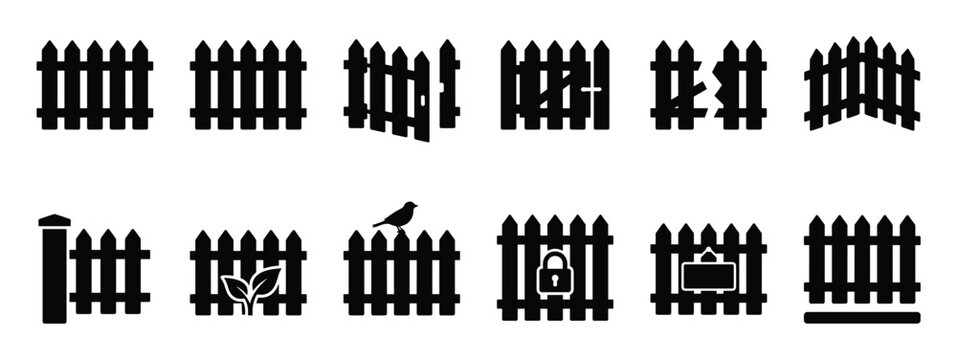 Collection of black silhouette fence icons depicting various styles and conditions, including open gates and damaged sections