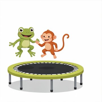 Cartoon Frog and Monkey Jumping on a Trampoline Illustration