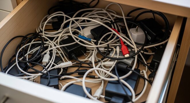 Messy drawer filled with tangled electronic cables and chargers.
