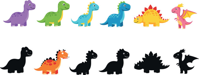 Cute cartoon dinosaur characters set with colorful variations and silhouette versions, playful prehistoric animals collection for kids design, flat vector illustration isolated on background © Sohel