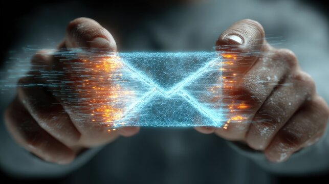 Capturing the essence of digital communication, hands cradle a glowing email envelope, conveying the future of messages. ..Created with Generative AI, not depicting real subjects.