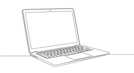 Minimalist line art of an open laptop computer on a plain surface © Line Lab