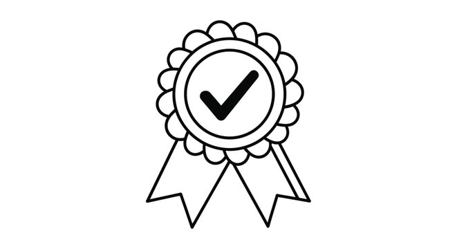 Hand drawn ribbon rosette with check mark for approval or success with a stylized illustration