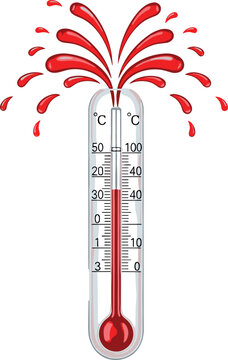 Exploding hot temperature thermometer illustration with red liquid splash, extreme heat concept graphic isolated on white background for weather warning, climate change, summer heatwave design
