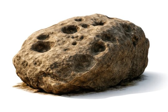 Sunlit ancient rock boulder with natural indentations on white background