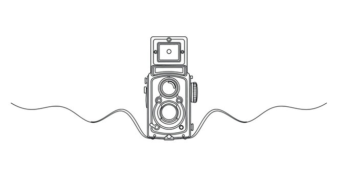 Vintage twin lens reflex camera   single line art illustration with continuous line