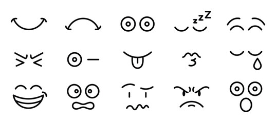 Fototapeta premium Collection of various black outline emoji facial expressions and emotions, including happy, sad, angry, and surprised
