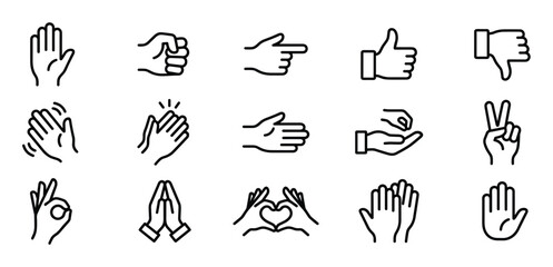 Fototapeta premium Collection of fifteen black outline hand gesture icons representing various actions and emotions, presented in a clean, modern style