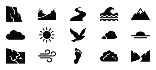 Obraz premium Collection of fifteen black silhouette nature icons, including mountains, sun, clouds, and water, arranged neatly on a white surface