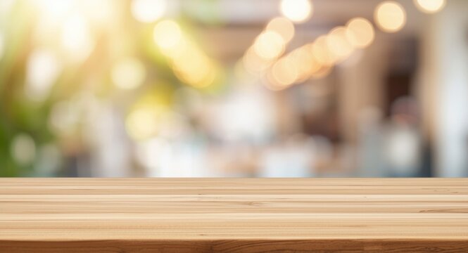Product mockup on empty desk with wooden table and cinematic bokeh background ideal for summer travel ads