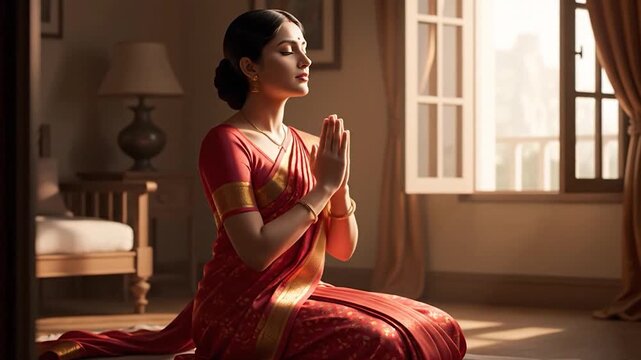 A woman in traditional attire sits peacefully with hands pressed together in prayer
