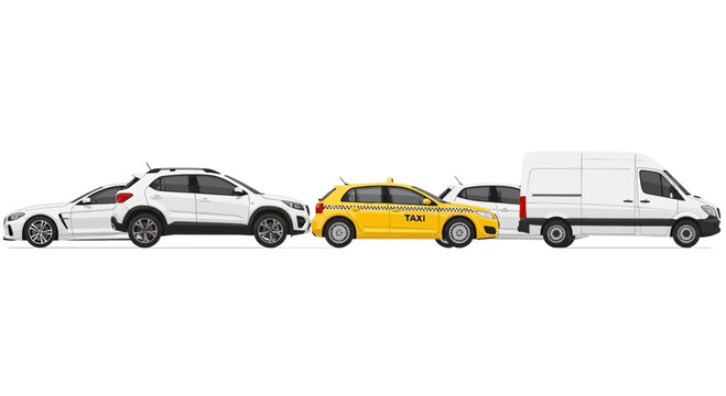 Variety of white cars and a yellow taxi on white background vector illustration