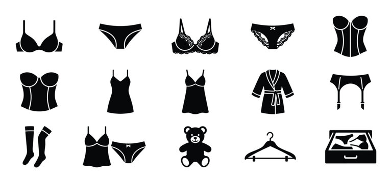 Collection of black silhouette icons representing various types of women's lingerie, sleepwear, and related items