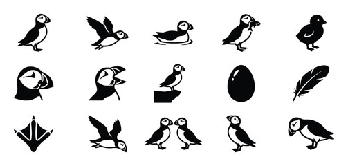 Fototapeta premium Collection of black and white puffin icons in various poses, including flying, swimming, standing, and a chick