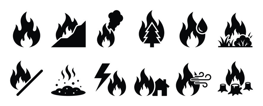 Collection of black silhouette fire icons depicting various fire-related scenarios, including forest fires, burning houses, and campfires