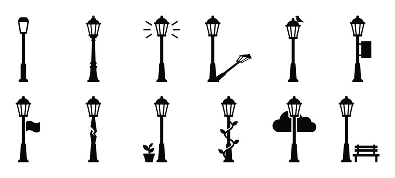 Collection of black silhouette street lamps and lampposts in various styles and conditions, presented as simple icons