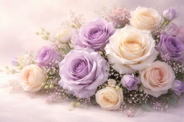 Obraz premium Elegant arrangement of fresh violet and ivory roses on a soft pastel backdrop ideal for greeting cards
