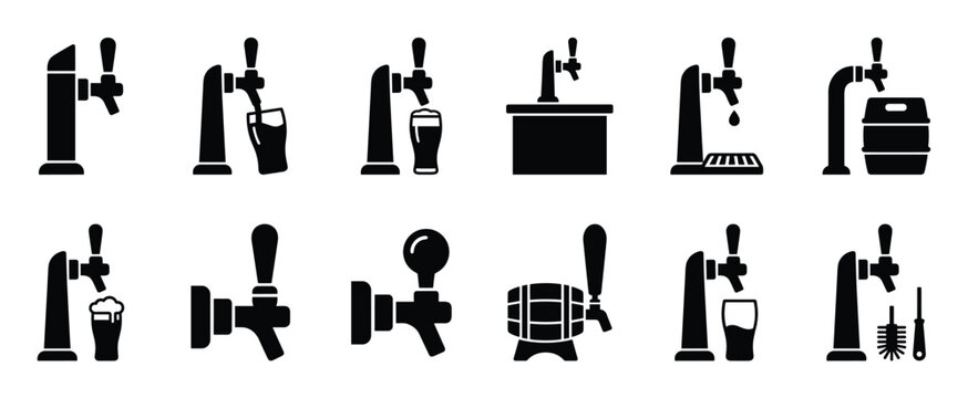 Collection of various black silhouette beer tap and dispenser icons, including pouring into glasses and barrels, presented in a clean, graphic style
