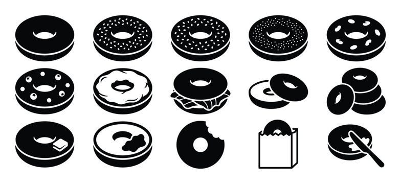 Collection of black and white bagel icons showing various preparations, toppings, and serving styles in a clean, graphic illustration