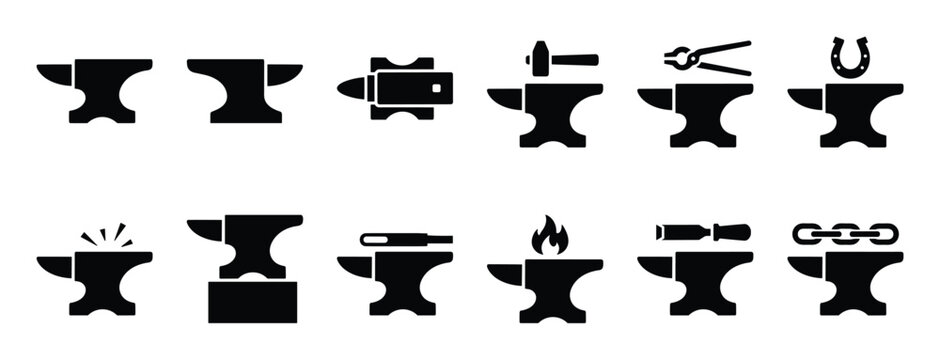 Collection of black anvil icons depicting various blacksmithing tools and processes in a clean, graphic style