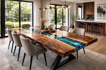 Obraz premium spacious wooden dining table with epoxy resin top in modern dining room