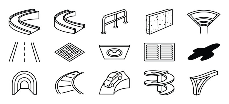 Collection of fifteen black and white outline icons depicting various road and urban infrastructure elements