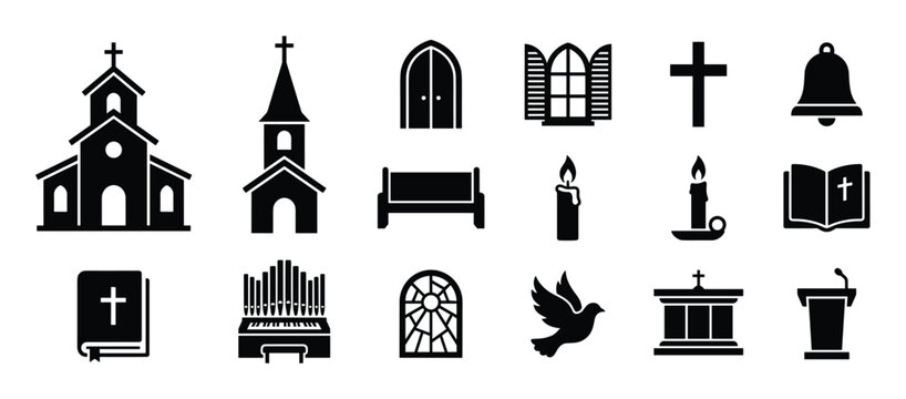Collection of black silhouette church and religious icons, including buildings, crosses, candles, and a dove, on a white surface