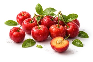 Obraz premium Fresh Acerola Cherries with Leaves and Water Droplets on White Background