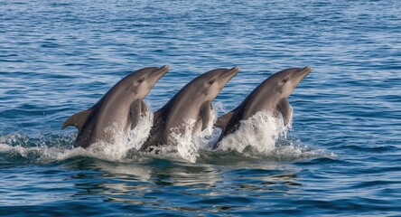 Obraz premium Three active bottlenose dolphins jumping in sync with copy space