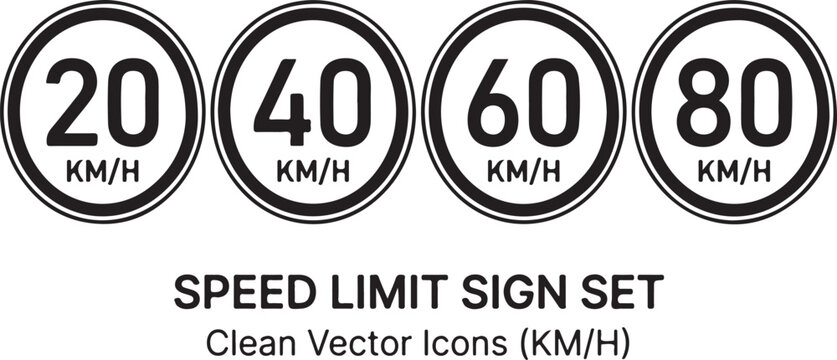 Set of four clean vector speed limit signs with numbers 20, 40, 60, 80 KM/H.