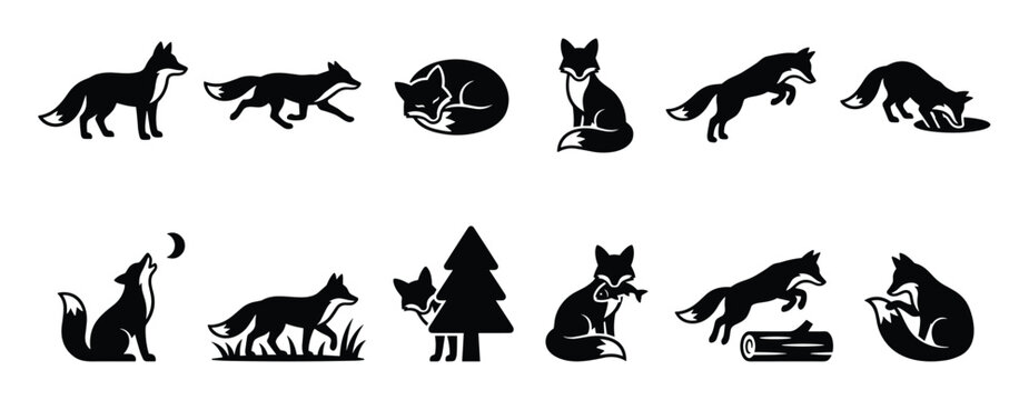 Collection of black silhouette fox illustrations depicting various poses and activities in a simple, graphic style