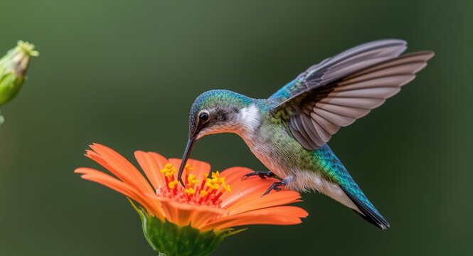 Sylph hummingbird with striking blue feathers feeding on orange nectar